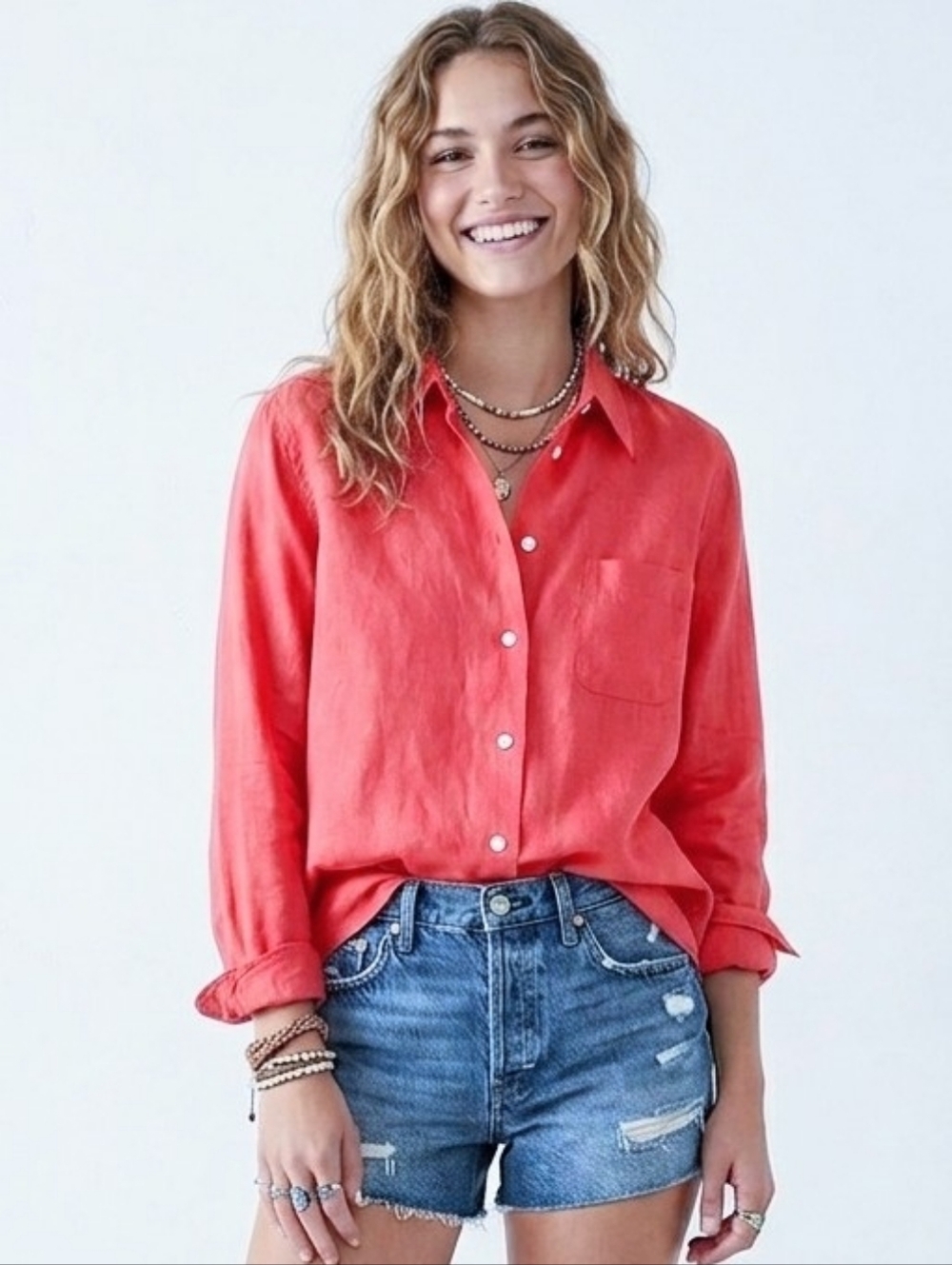 Vintage Susan Hutton linen and cotton blend button down shirt coral red medium